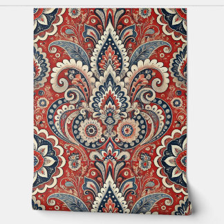 Papier Peint Fusion florale Paisley en rouge, blanc et blanc