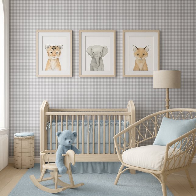 Papier Peint Gingham Carreaux Gris Blanc Classique (Mockup of boy nursery with khaki check wallpaper and blue decor )