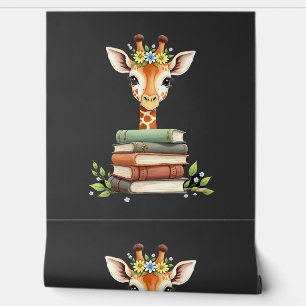 Papier Peint Girafe Mignonne Avec Livre Floral Bibliophile Bibl