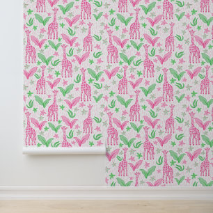 Papier Peint Giraffes roses Preppy Fleurs de jungle