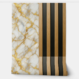 Papier Peint Gold Veined Marble Wood Slats 
