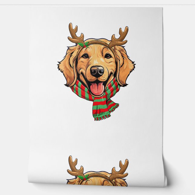 Papier Peint Golden Retriever Chien Christmas Reindee Santa Hat (Déroulement)
