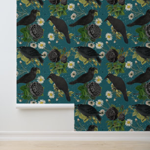 Papier Peint Goth Crows et Roses noirs Profond Turquoise Motif