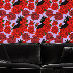 Papier Peint Gothique Chat Noir Roses Rouges Violet
