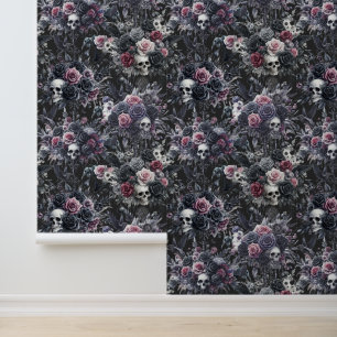 Papier Peint Gothique Moody Flowers Crânes et corbeaux