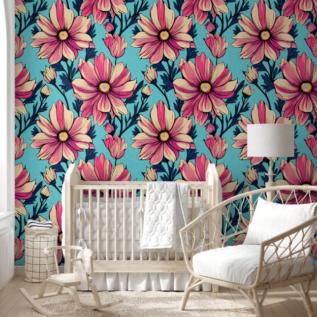 Papier Peint Grandes fleurs rose et bleu Motif (Enfants)