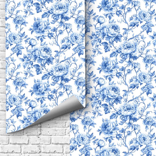 Papier Peint Grandmillennial Blue Toile Roses Floral Wallpaper  (Grandmillennial Blue Toile Roses Floral Wallpaper Design)