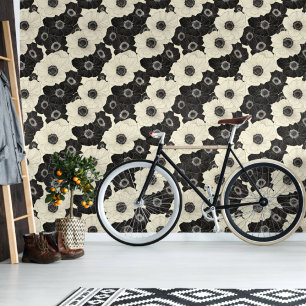 Papier Peint Gras noir et blanc cassé anémone florale amovible