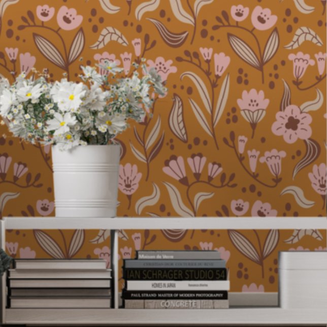 Papier Peint Gras rose et verge d'or Retro Floral (Créateur téléchargé)