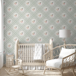 Papier Peint Green Plaid Floral Wallpaper