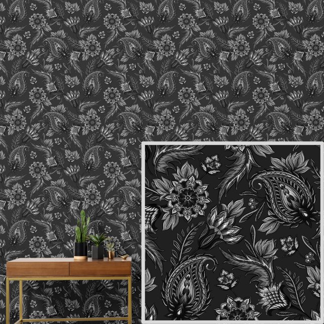Papier Peint Gris blanc sur marguerite florale noire Élégant (Créateur téléchargé)