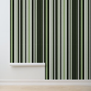 Papier Peint Gris, vert, rayures blanches.