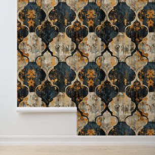 Papier Peint Grunge motif damassé en noir, beige, marron