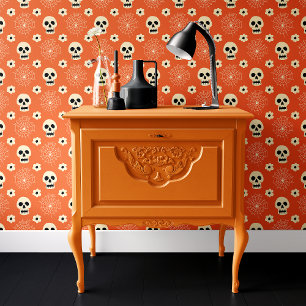 Papier Peint Halloween Orange Crâne et Araignée Web