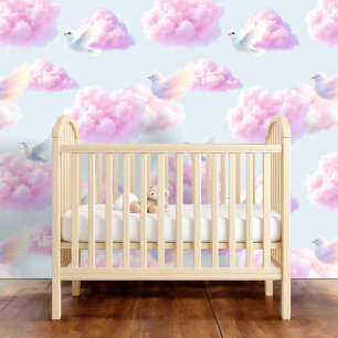 Papier Peint Harmonie céleste : Nuage rose avec Oiseau blanc