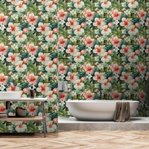 Papier Peint Hibiscus vert et rose Forêt tropicale