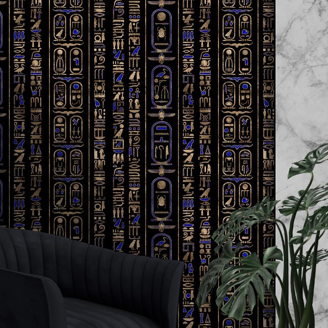 Papier Peint Hiéroglyphes égyptiens motif Gold Lapis Lazuli #2 (Créateur téléchargé)