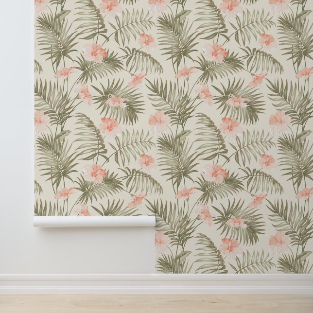 Papier Peint Hisbiscus Tropical Palm Tree Motif (Application)