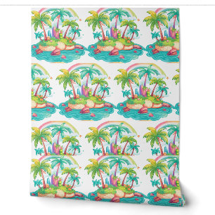 Papier Peint Île tropicale avec palmiers et arc-en-ciel