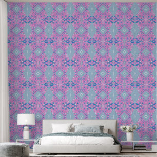Papier Peint Illustration Bohème Chintz bleu rose blanc