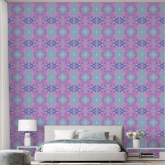 Papier Peint Illustration Bohème Chintz bleu rose blanc (Chambre à coucher)