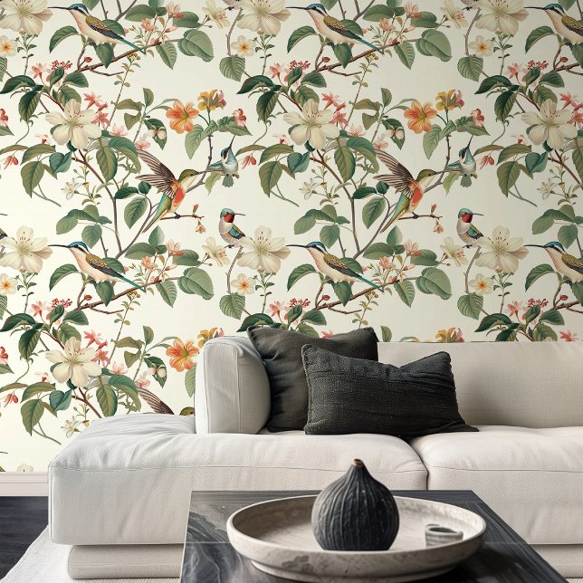Papier Peint Illustration des colibris dans le salon du jardin (Illustration of Hummingbirds in Garden Living Room Wallpaper)