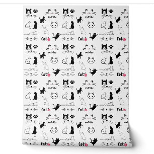 Papier Peint Illustrations De Chats Et De Pâtes Noirs Et Blancs