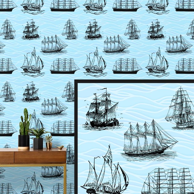 Papier Peint Illustrations de voilier sur les vagues bleues (Créateur téléchargé)