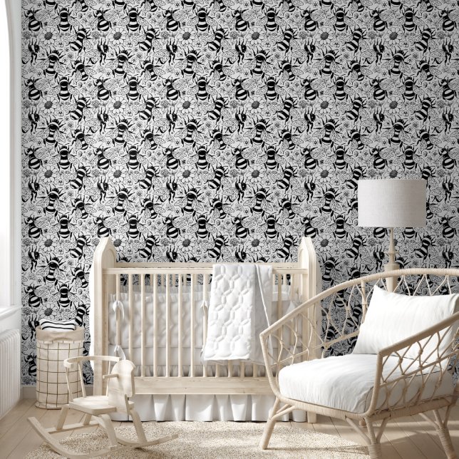 Papier Peint Illustré Motif d'abeille noir et blanc Tableau (Enfants)