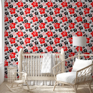 Papier Peint Imprimé floral d'Hibiscus Tropical Rouge Noir 