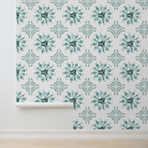 Papier peint Inky Floral Blanc vert Turquoise