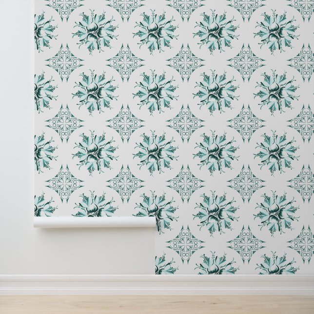 Papier peint Inky Floral | Blanc vert Turquoise (Application)