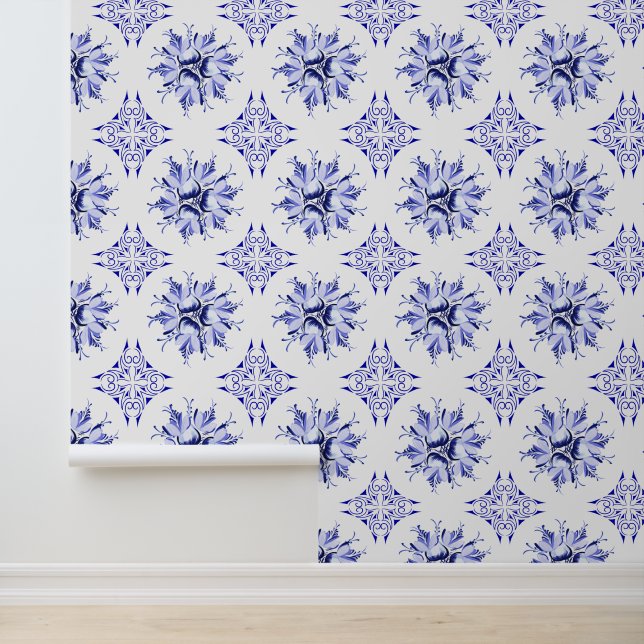 Papier peint Inky Floral | Bleu et blanc (Application)