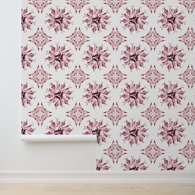 Papier peint Inky Floral | Bourgogne et blanc (Application)