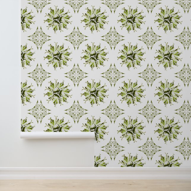 Papier peint Inky Floral | Vert et blanc (Application)