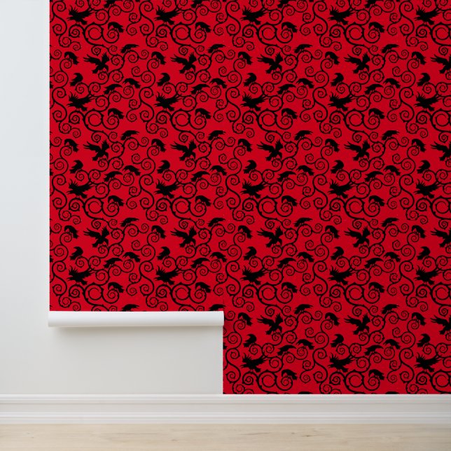 Papier Peint Jacquard Black sur Red Raven Gothic Home Décor (Application)