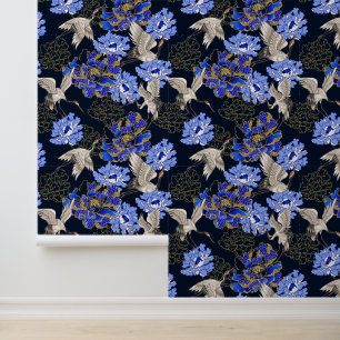 Papier Peint Japonais Grues Bleues Or Chrysanthème