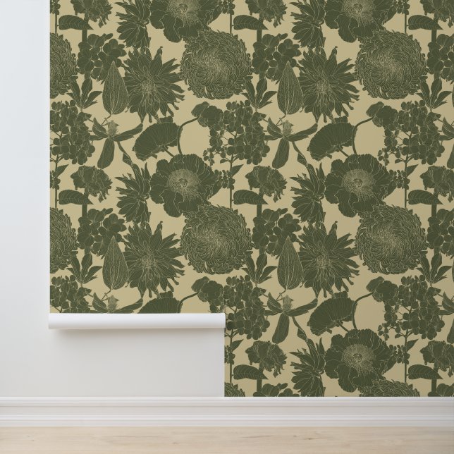 Papier Peint Jardin aux lignes et fleurs tropicales. (Application)