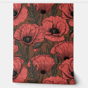 Papier Peint Jardin de coquelicot dans le corail et brun
