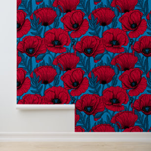 Papier Peint Jardin de pavot rouge sur bleu