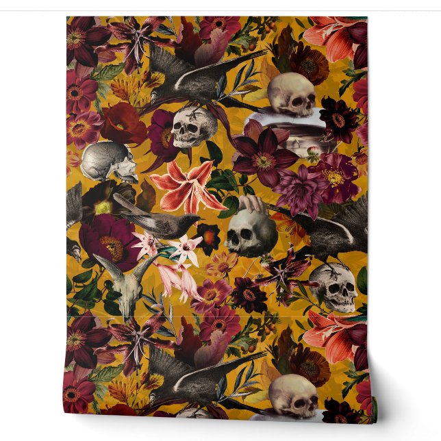 Papier Peint Jardin d'oiseaux vintage jaune Mystique crâne (Déroulement)