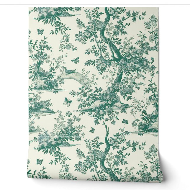 Papier Peint Jardin vert Arbre à fleurs Toile de Jouy (Déroulement)