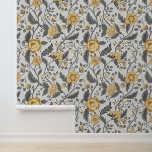 Papier Peint Jaune et Gris Jacobéen Motif Floral