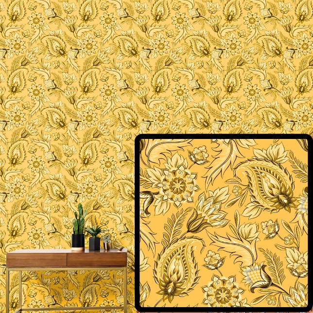 Papier Peint Jaune foncé brillant Floral or Paisley Élégant (Créateur téléchargé)