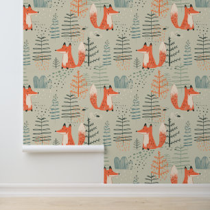 Papier Peint Joli Doodle Fox Forest Motif de bois