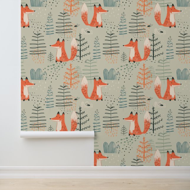 Papier Peint Joli Doodle Fox Forest Motif de bois (Application)