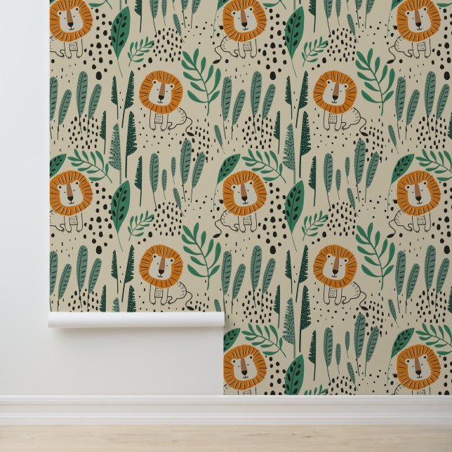 Papier Peint Joli Doodle Lion Jungle Rainforest Motif (Application)