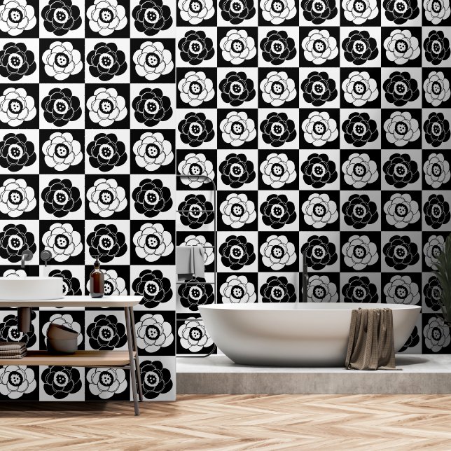 Papier Peint Joli Motif de fleurs de camélia noir et blanc (Salle de bain)