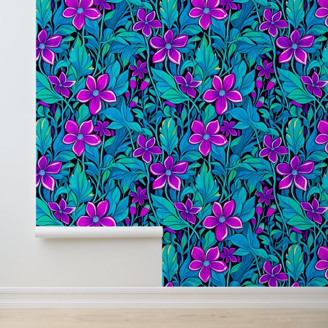 Papier Peint Joli violet et Turquoise bleu floral (Application)