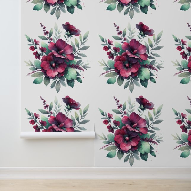 Papier Peint Jolies fleurs de Bourgogne et feuillage vert Sage (Application)